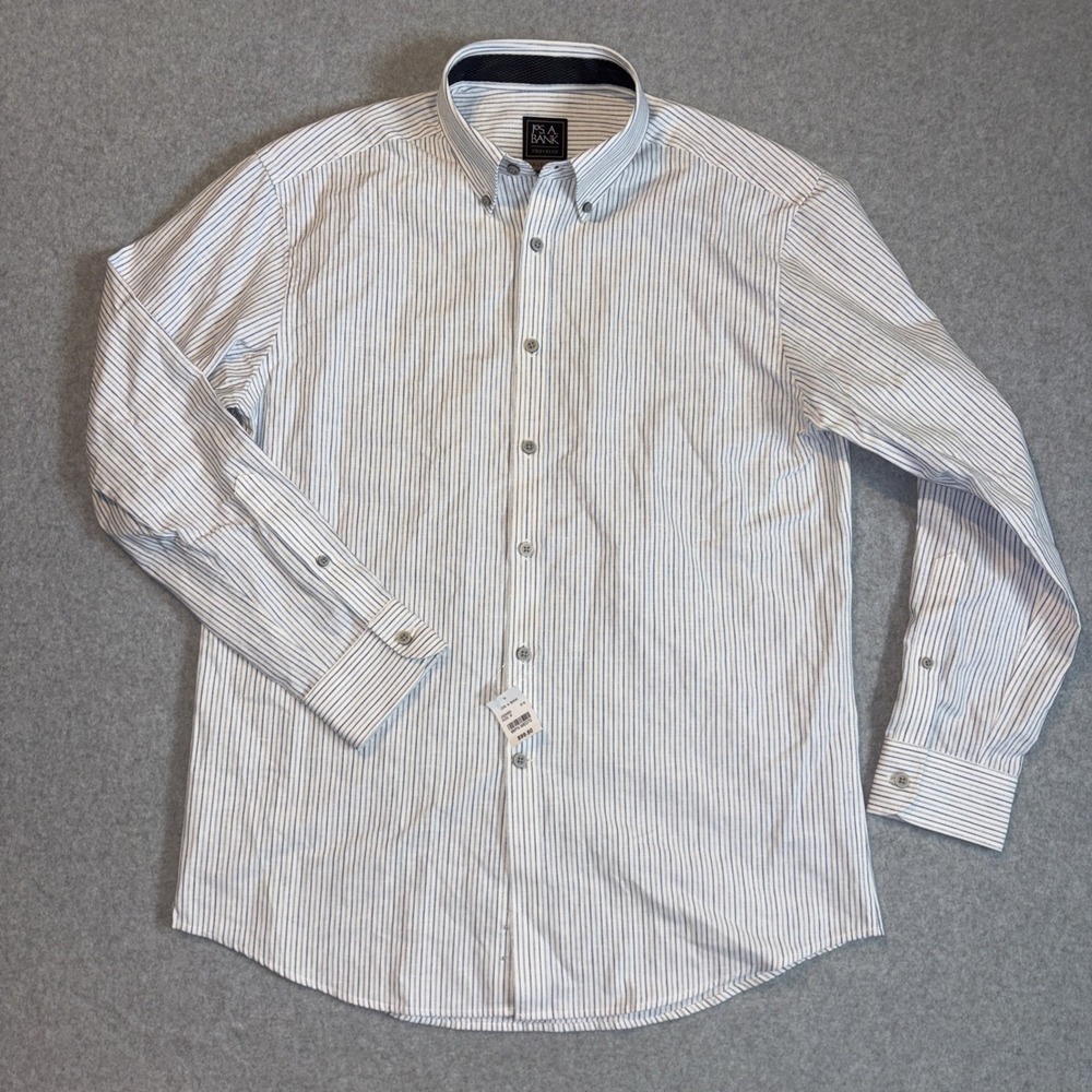 Jos A Bank Travel Tech Tailored Fit‎ Men's M Traveller White Blue Striped NWT